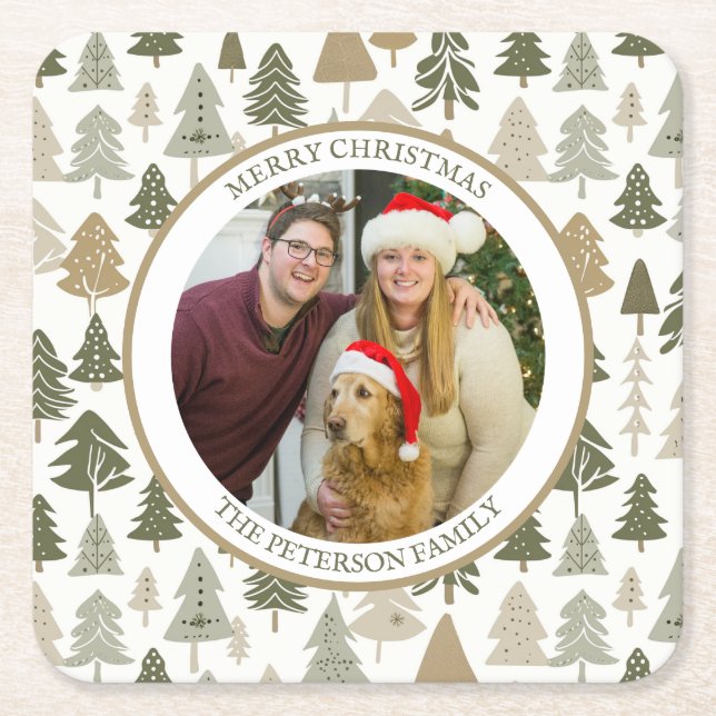 Modern Christmas Trees pattern Family photo  Square Paper Coaster (Front)