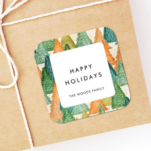 Modern Christmas Trees Pattern Happy Holidays Square Sticker
