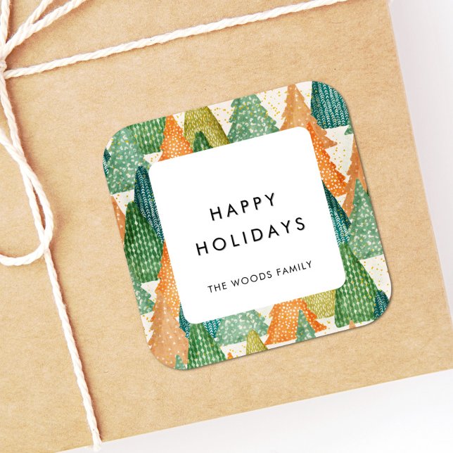 Modern Christmas Trees Pattern Happy Holidays Square Sticker (Creator Uploaded)
