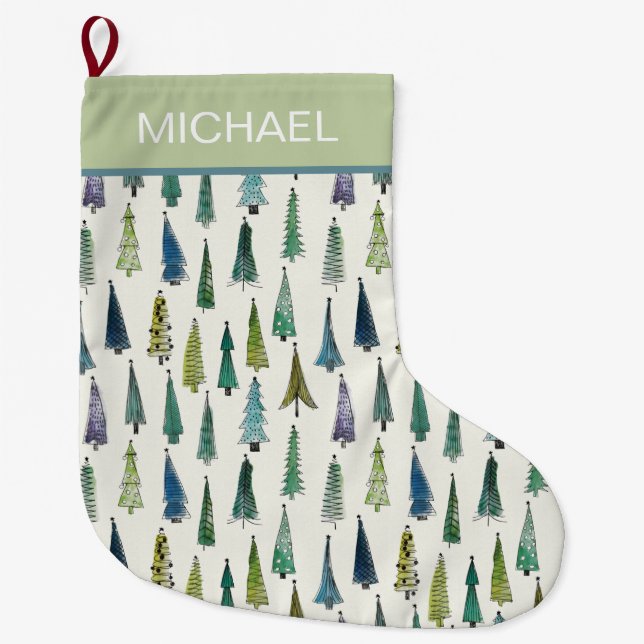 Modern Christmas Trees Pattern Personalised Large Christmas Stocking (Front)