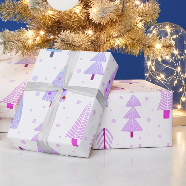 Modern Christmas Trees Pink Purple Blue Pattern Wrapping Paper (Holidays)