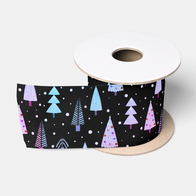 Modern Christmas Trees Purple Pink Black Pattern Satin Ribbon (Spool)