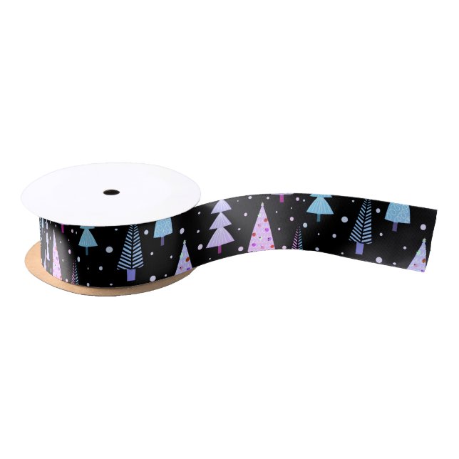 Modern Christmas Trees Purple Pink Black Pattern Satin Ribbon (Spool)