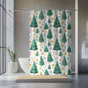 Modern Christmas Trees Red Green Gold Bath Decor Shower Curtain