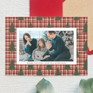 Modern Christmas Trees Red Maroon Photo Plaid Holiday Card