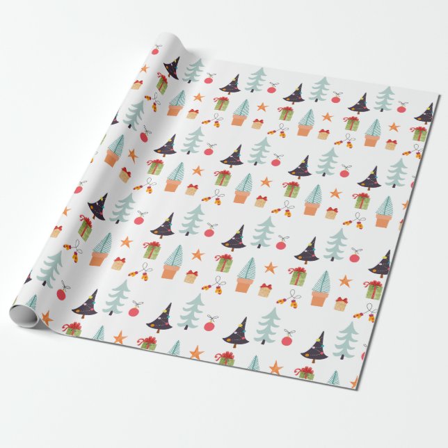 Modern Christmas Trees Sage Green Pattern Wrapping Paper (Unrolled)
