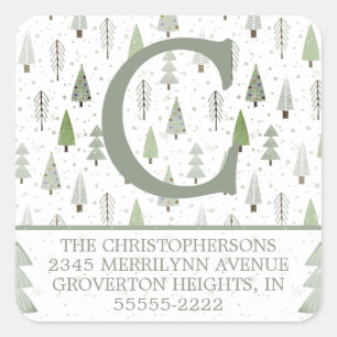 Modern Christmas Trees Sage Green Return Address Square Sticker