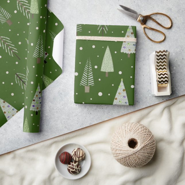 Modern Christmas Trees Sage Olive Green Pattern Wrapping Paper (Crafts)