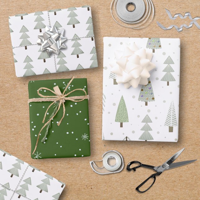 Modern Christmas Trees Sage Olive Green Pattern Wrapping Paper Sheet (Creator Uploaded)