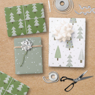 Modern Christmas Trees Sage Olive Green Pattern Wrapping Paper Sheet