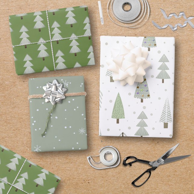 Modern Christmas Trees Sage Olive Green Pattern Wrapping Paper Sheet (Creator Uploaded)