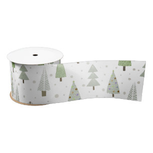 Modern Christmas Trees Sage Olive Green White Satin Ribbon