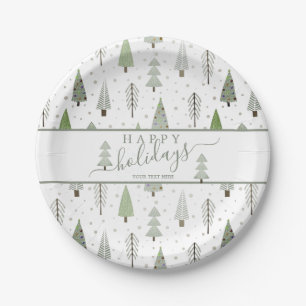 Modern Christmas Trees Script HAPPY HOLIDAYS Green Paper Plate