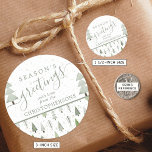 Modern Christmas Trees SEASONS GREETINGS Sage Classic Round Sticker<br><div class="desc">Modern abstract Christmas trees and forest trees and winter snow patterns in sage green and white with the greeting SEASON'S GREETINGS and personalised with your name or custom text. Contact the designer via Zazzle Chat or makeitaboutyoustore@gmail.com if you'd like this design modified, on another product or would like coordinating items....</div>