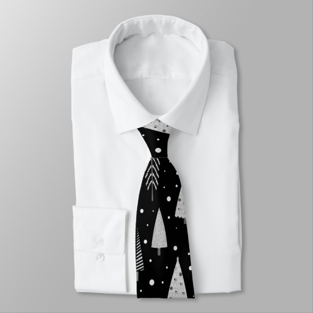 Modern Christmas Trees Silver Grey Black Pattern Tie (Tied)