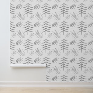 Modern Christmas Trees Silver On White Wallpaper