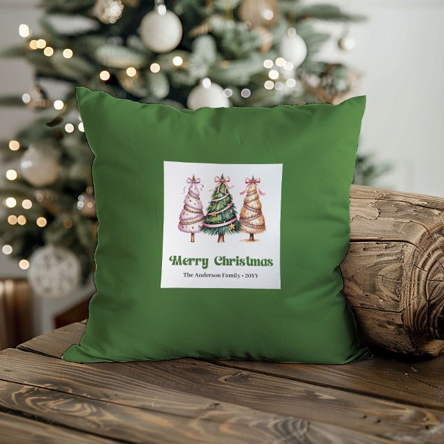 Modern Christmas Trees Watercolor Custom Name   Cushion (Modern Christmas Trees Watercolor Custom Name Pillow)