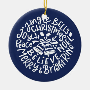 Modern Christmas Typography Jingle Bells blue Ceramic Tree Decoration