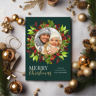 Modern Christmas Watercolor Botanical Photo  Holiday Card