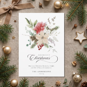 Modern Christmas Watercolor Floral Non Photo Holiday Card