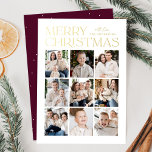 Modern Christmas Wine 9 Photo Collage<br><div class="desc">Modern Christmas photo card featuring "Merry Christmas" displayed at the top of the design in trendy gold foil lettering with a white background. A photo collage of 9 photos is shown below in a grid-style layout. Personalise the multi-photo Christmas card with your family name. The foil card reverses to display...</div>