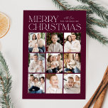 Modern Christmas Wine 9 Photo Collage Holiday Card<br><div class="desc">Modern Christmas photo card featuring "Merry Christmas" displayed at the top of the design in trendy white lettering with a wine background. A photo collage of 9 photos is shown below in a grid-style layout. Personalise the multi-photo Christmas card with your family name. The card reverses to display a wine...</div>