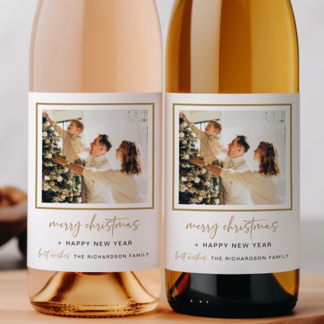 Modern Christmas Wine Bottle Label Photo Gift Gold (Creator Uploaded)