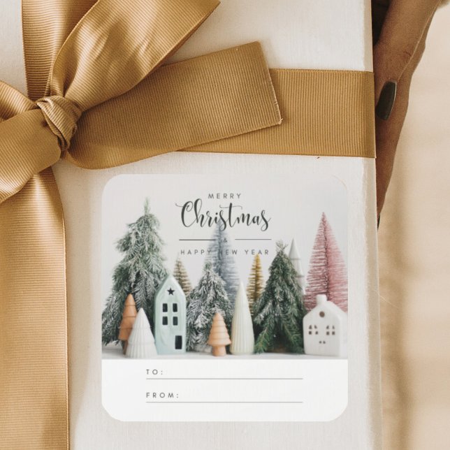 Modern Christmas Winter Snow Village To From Square Sticker (Creator Uploaded)