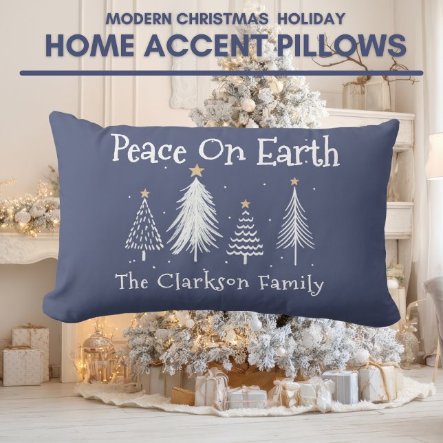 Modern Christmas with Family Name Accent Blue Lumbar Cushion (Modern Christmas with Family Name Accent Blue Lumbar Pillow)