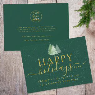 Modern Christmas Woodland Company Logo Green Gold Holiday Card
