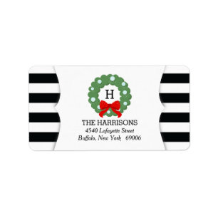 Modern Christmas Wreath Black White Stripes Label