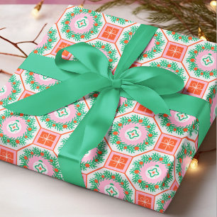 Modern Christmas Wreath Gifts Baubles Geometric Wrapping Paper