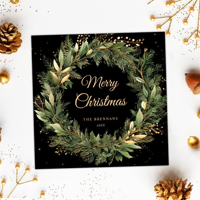 Modern Christmas Wreath Gold Black Botanical Holiday Card (Modern Christmas Wreath Gold Black Botanical Holiday Card)