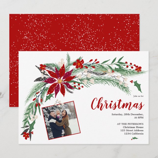 Modern Christmas wreath illustration snow photo Invitation (Front/Back)