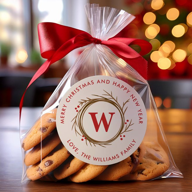 Modern Christmas Wreath Monogrammed Classic Round Sticker (Creator Uploaded)