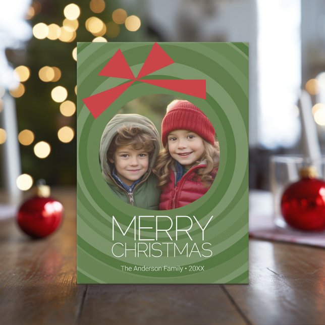 Modern Christmas Wreath with Photo red green Holiday Card (Custom Holiday Photo Greeting Card)