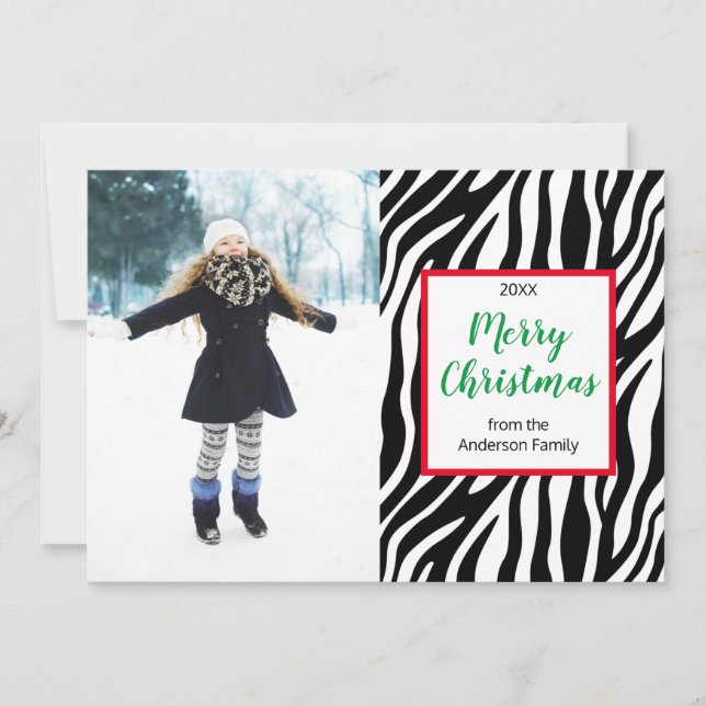 Modern Christmas Zebra Stripe Custom Photo Holiday Card (Front)