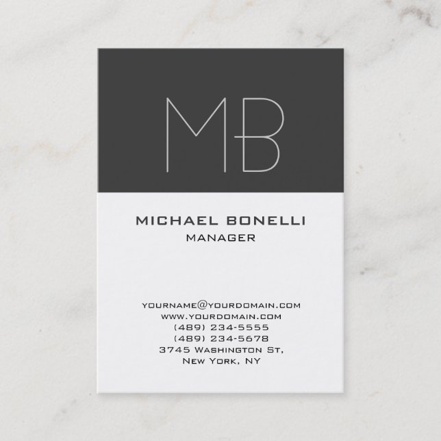 Modern chubby grey white monogram business card (Front)