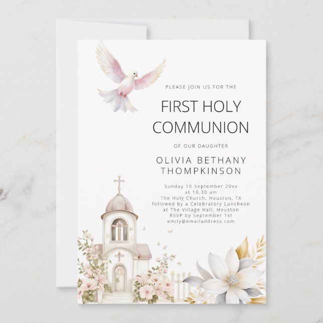 Modern Church Florals Dove First Holy Communion Invitation (Front)