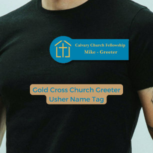 Modern Church Greeter Usher Gold Cross Name Tag