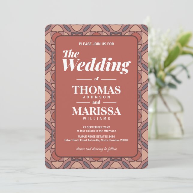 Modern Cinnamon and Marsala Art Deco Wedding QR Invitation (Standing Front)