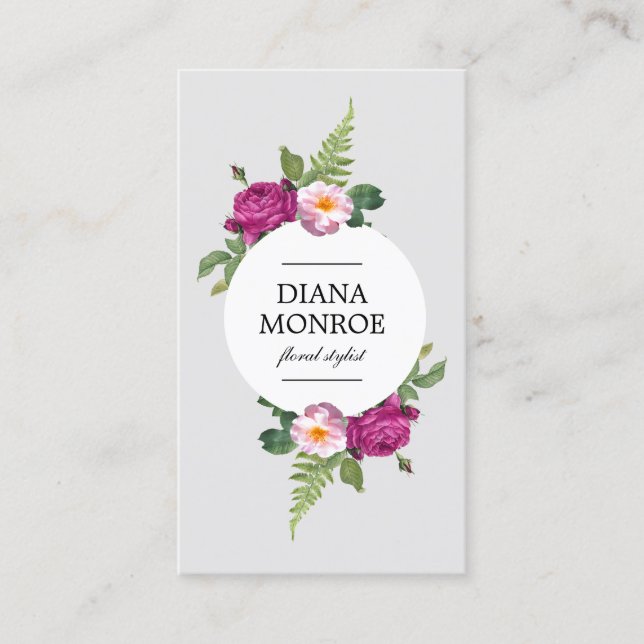 Modern Circle Floral Wreath Grey Business Card (Front)