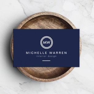 Modern Circle Monogram Initials on Midnight Blue Business Card
