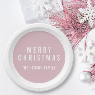 Modern Circle Pastel Pink Merry Christmas Paper Plate