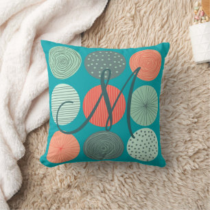 Modern Circle Pattern Mint Green Orange Monogram Cushion