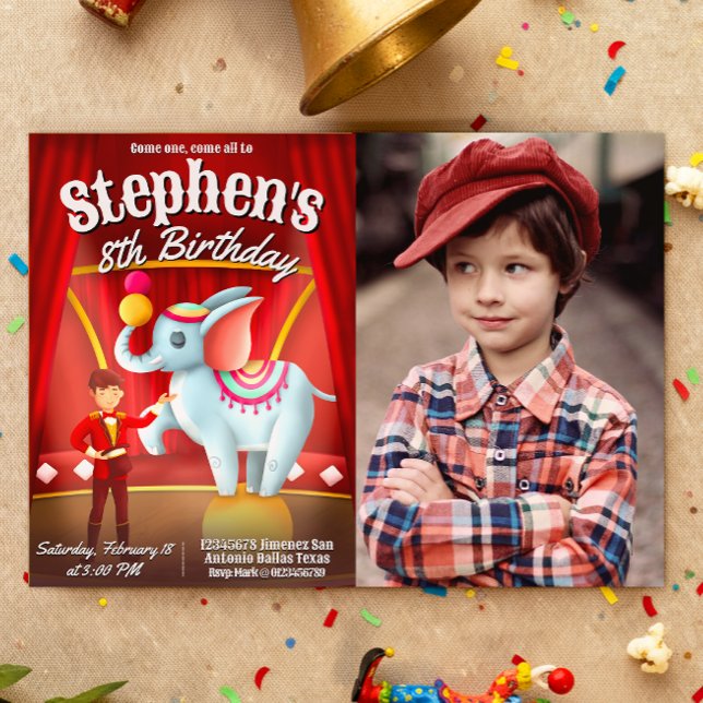 Modern Circus Birthday with Photo Invitation (Circus Birthday Landscape  Invitation with Photo)