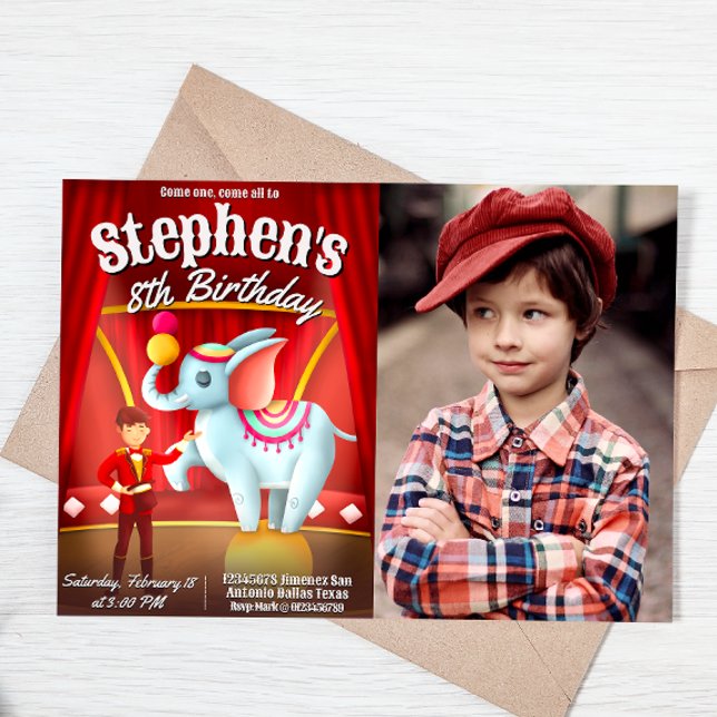 Modern Circus Birthday with Photo Invitation (Circus Birthday Landscape  Invitation with Photo)