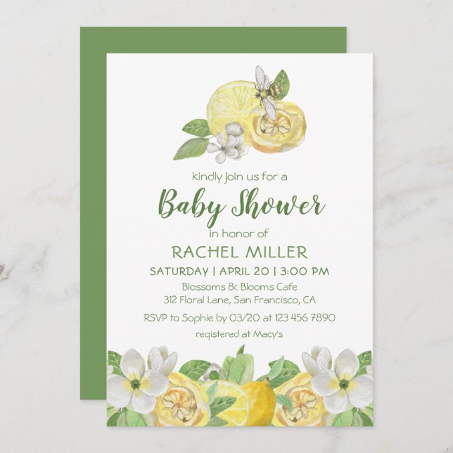 Modern Citrus Floral Lemon Watercolor Baby Shower Invitation (Front/Back)