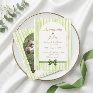 Modern Citrus Green Stripe Back Photo Wedding Invitation