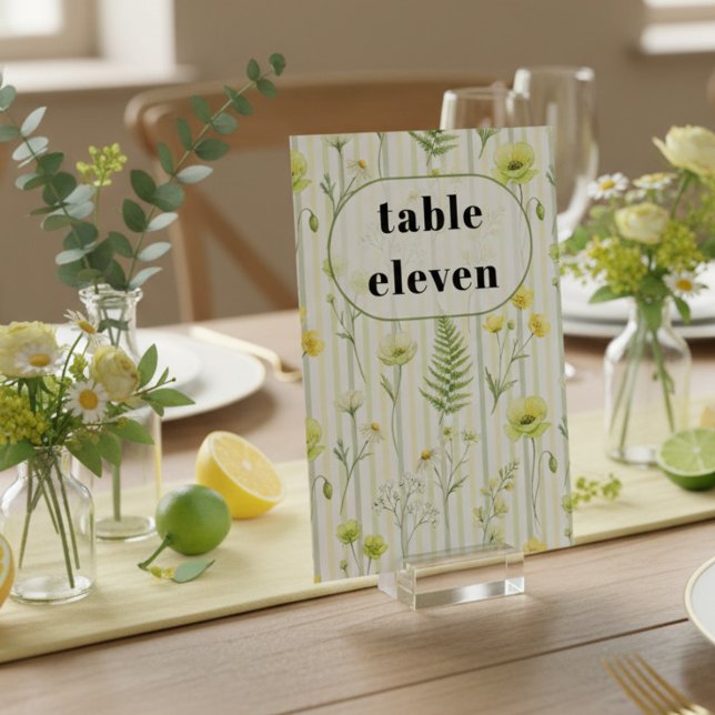 Modern Citrus Green Wildflower Stripe Wedding Table Number (Table Number from the Citrus Green Wildflower wedding collection by Darling & May)